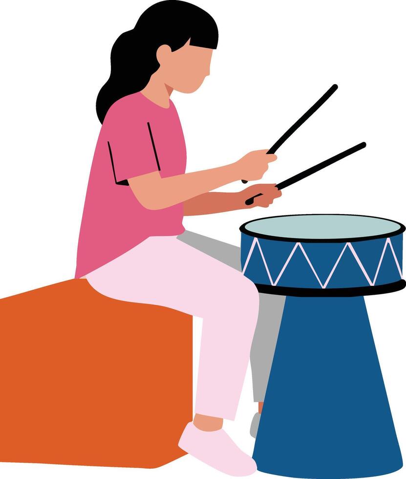 Girl playing drum sitting on orange block with pink outfit and black hair illustration vector