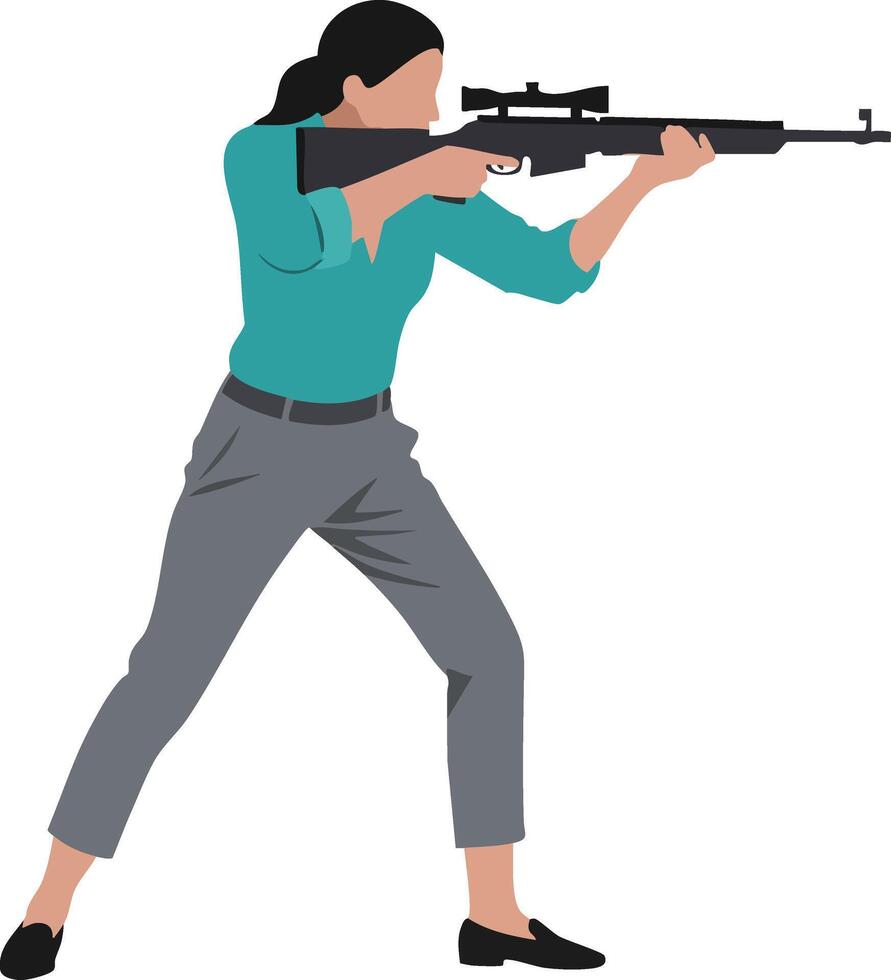 Woman aiming sniper rifle standing in shooting position with focused expression wearing teal shirt and gray pants illustration vector