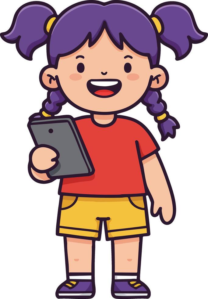 Little girl with purple hair holding tablet playing happy digital game and smiling illustration vector