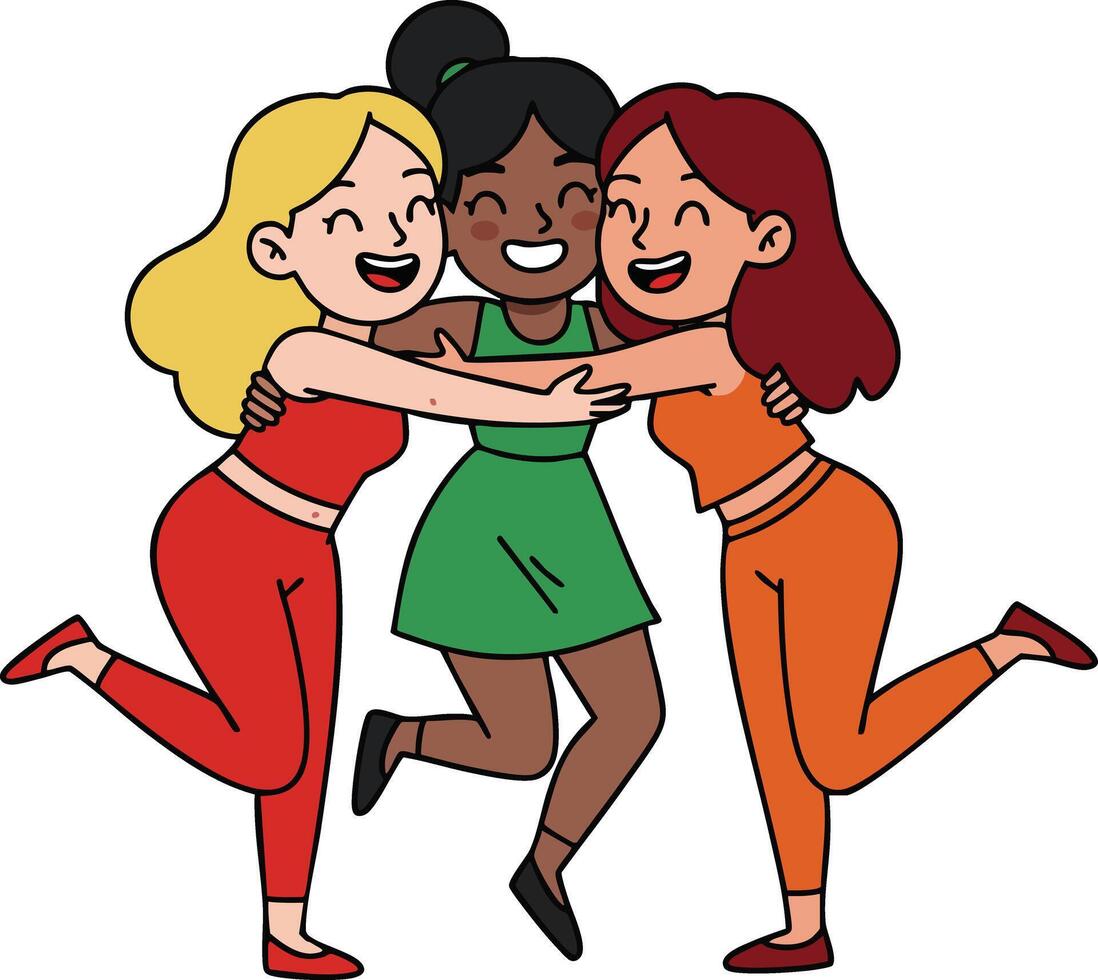 Three diverse women friends hugging joyful happiness unity female empowerment illustration vector