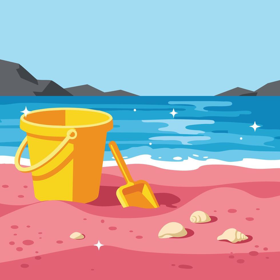 Yellow Bucket and Shovel on Pink Sandy Beach with Sea and Rocky Hills Background Illustration vector
