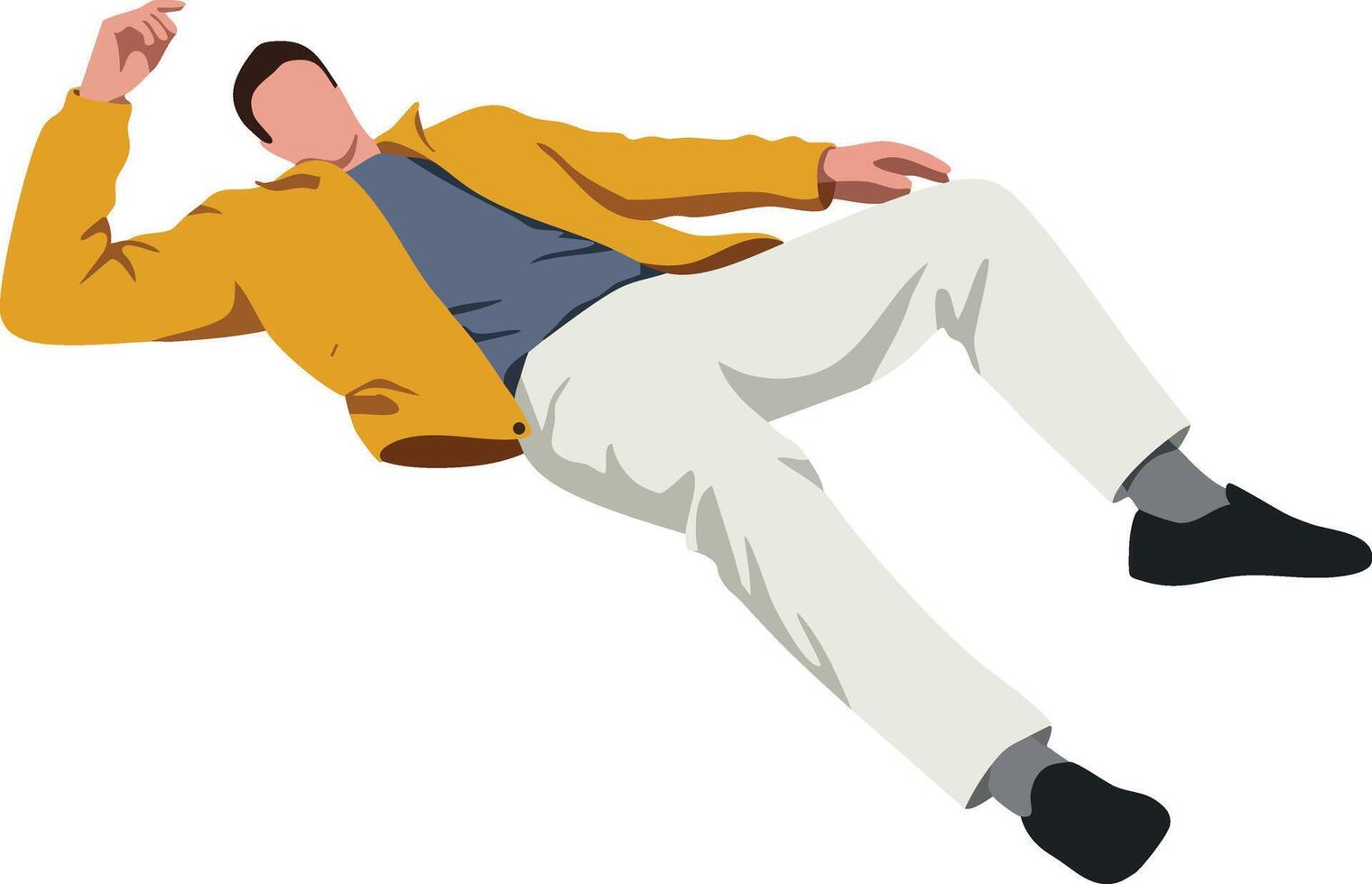 Man lying down relaxed in mustard jacket and white pants casual fashion illustration vector