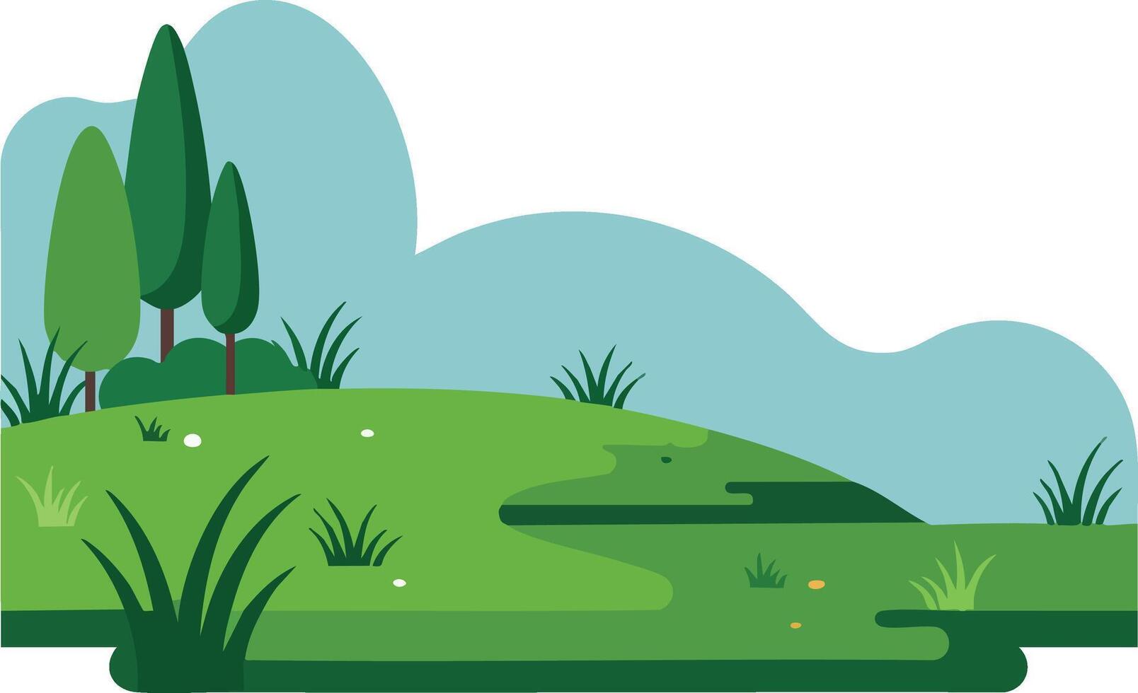 Green meadow landscape with trees grass and blue sky natural outdoor scenery illustration vector