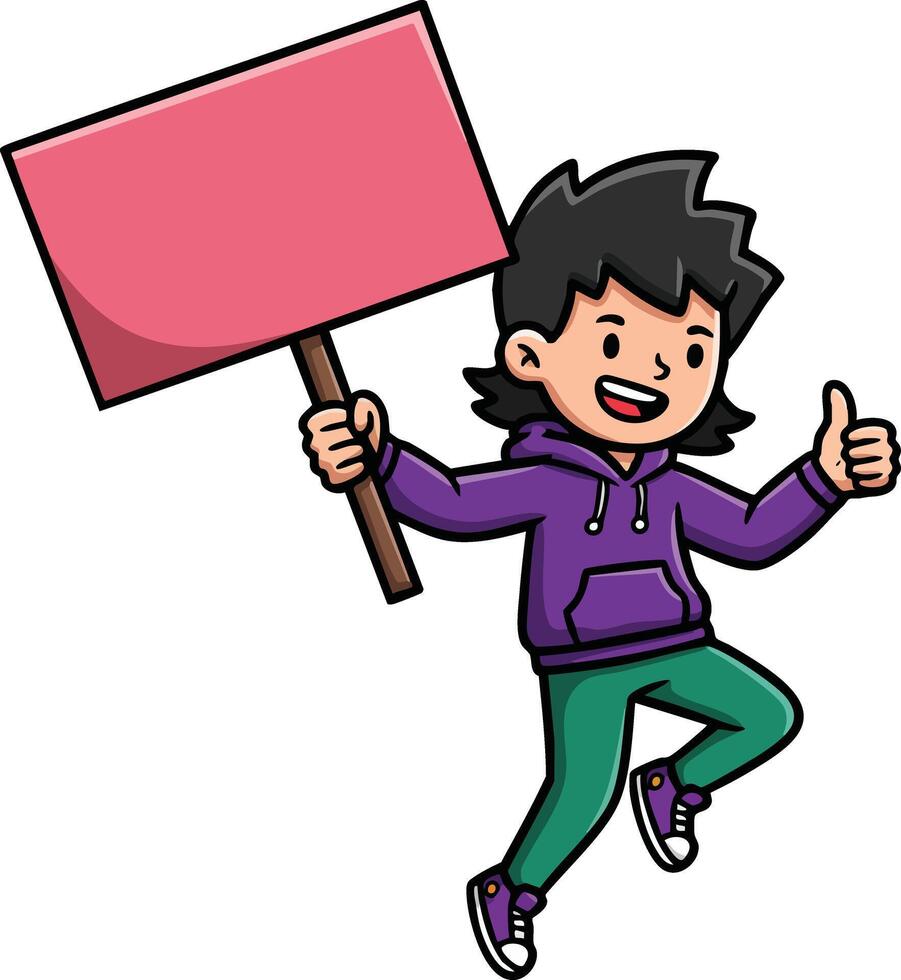 Young person jumping holding blank protest sign with thumb up in casual clothes illustration vector