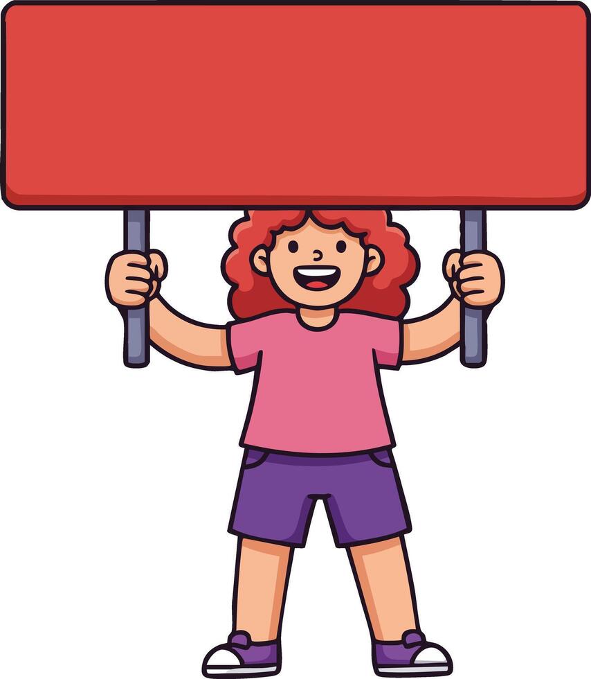 Child holding blank red sign board for protest or message space with happy expression illustration vector