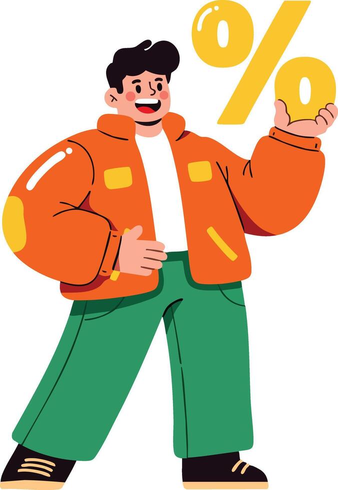 Young man holding large yellow percentage symbol smiling casual outfit design illustration vector