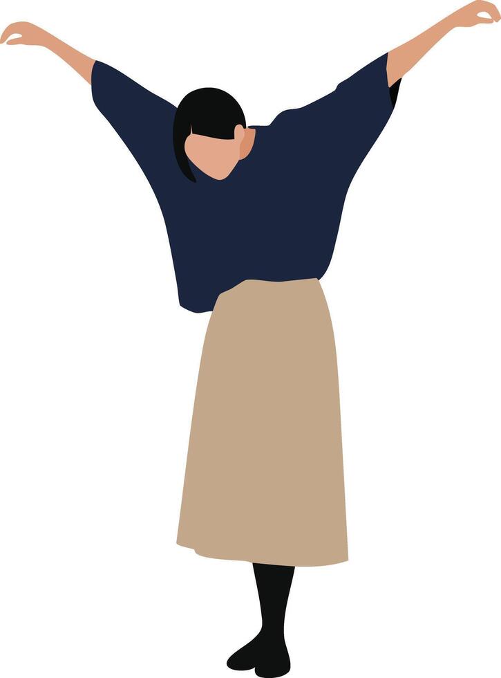 Woman stretching arms upward wearing navy top beige skirt and black boots illustration vector