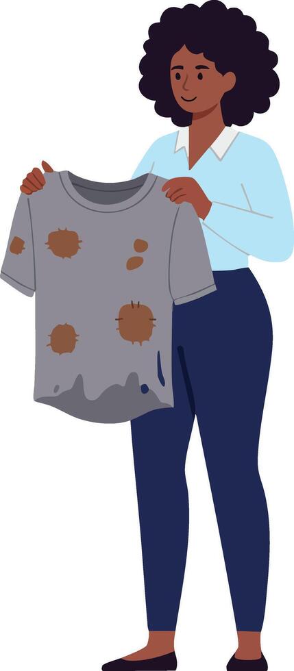 Woman holding dirty stained shirt showing clothing care and laundry concept illustration vector