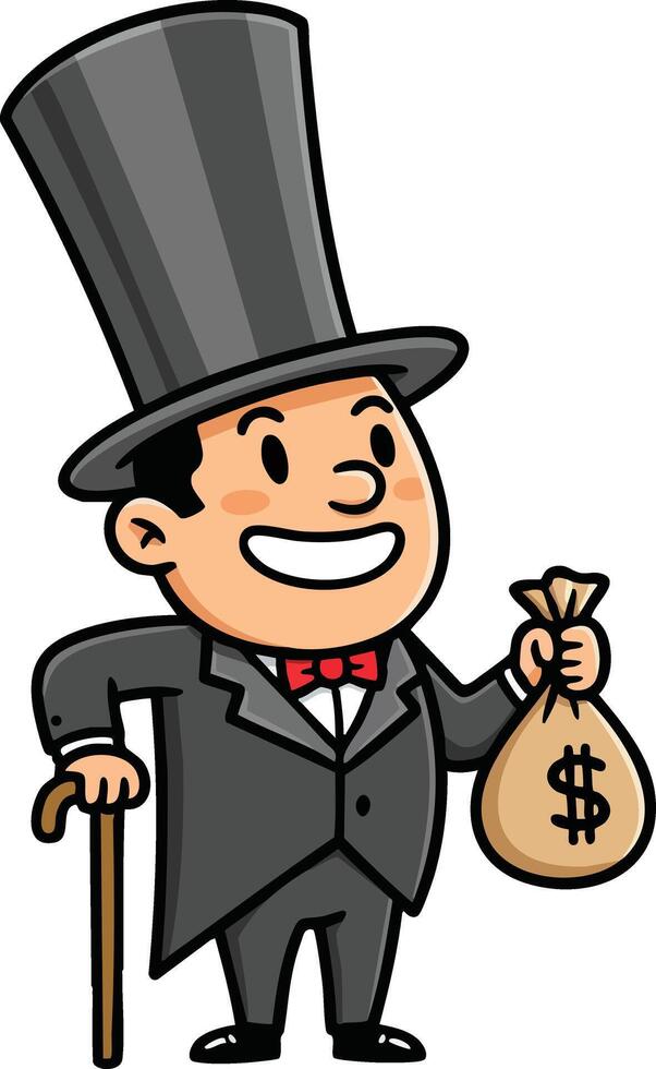 Cartoon rich man in top hat holding money bag smiling happily illustration vector