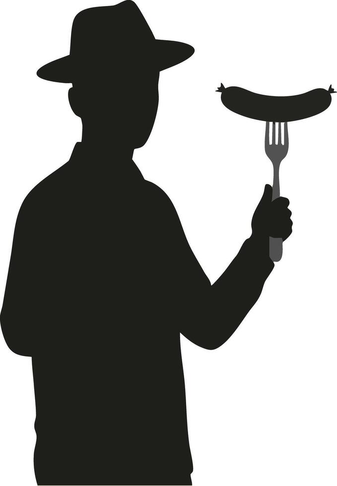 Silhouette of man wearing hat holding sausage on fork illustration black and white minimal design vector