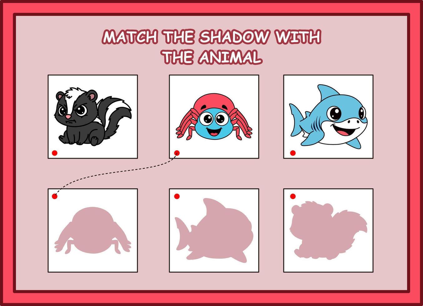 match the shadow with the animal kids worksheet. skunk, spider, shark vector