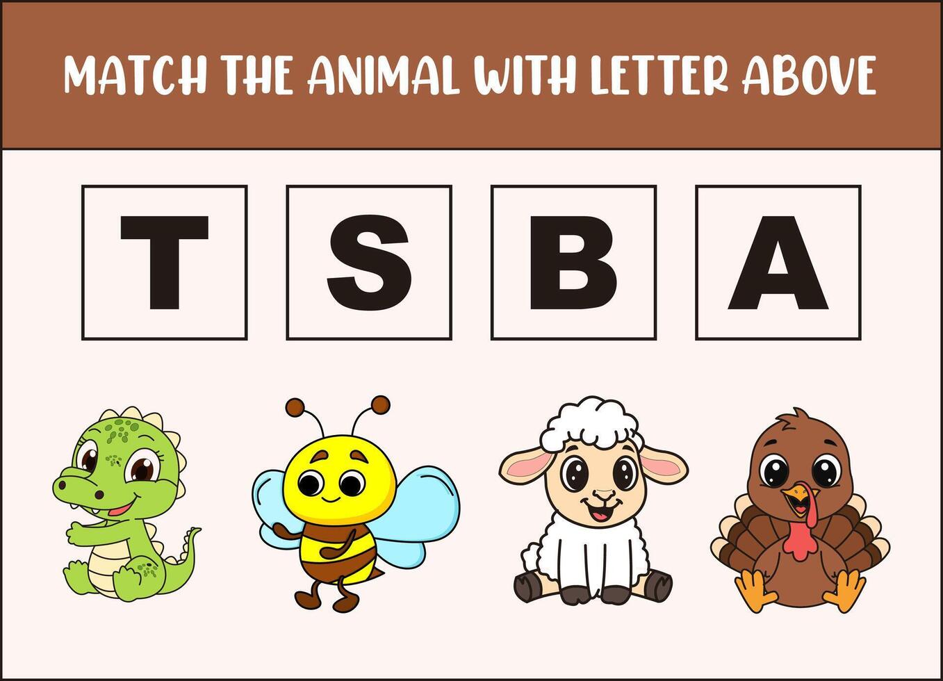 match cute alligator, sheep, bee, turkey with the letter . vector