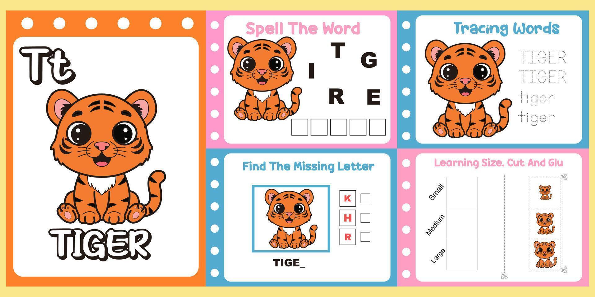 worksheets pack for kids a little tiger . vector