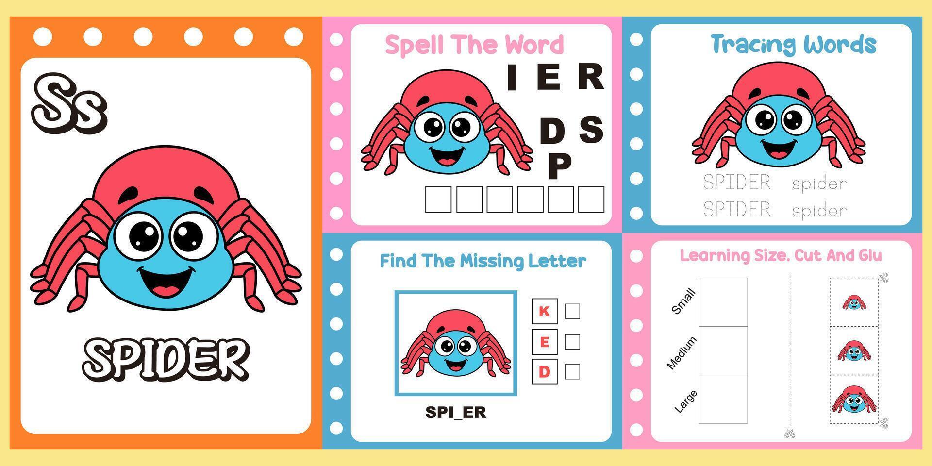 worksheets pack for kids a spider . vector