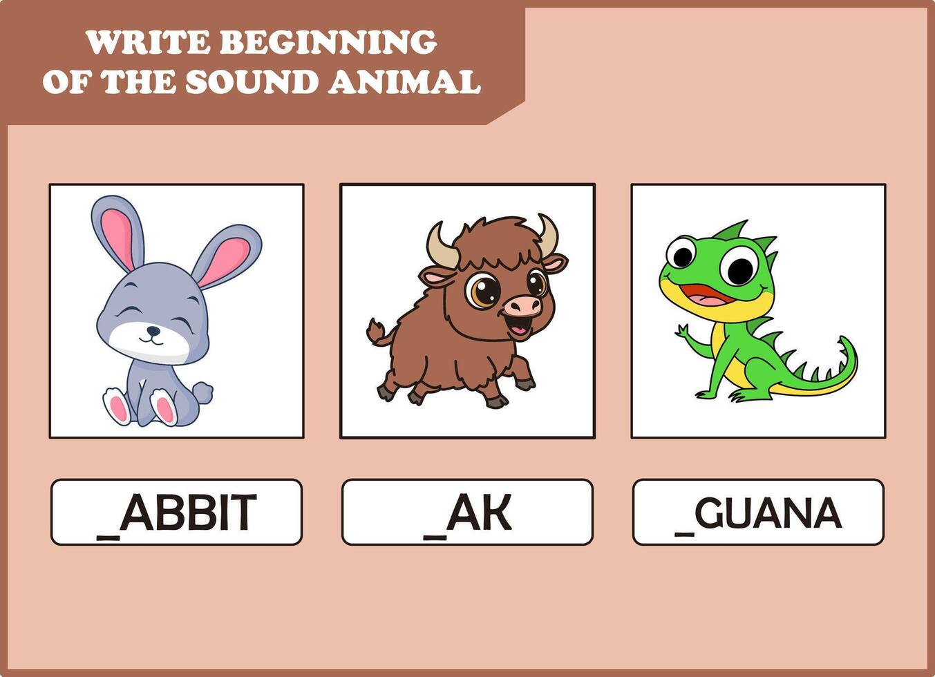 write the beginning of sound animal. cute rabbit, yak, iguana vector