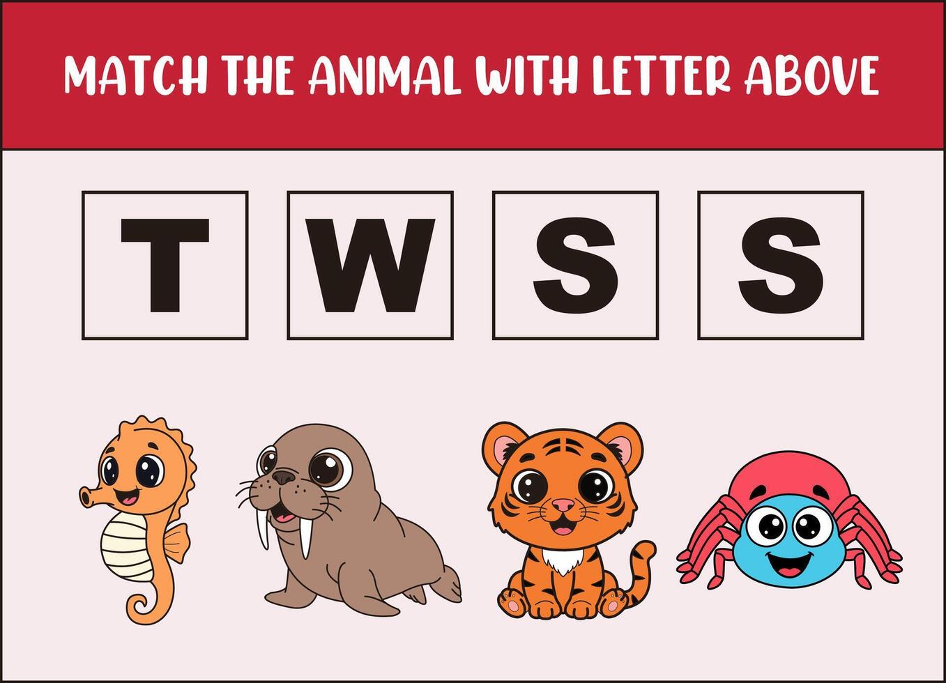 match cute seahorse, walrus, tiger, spider with the letter . vector