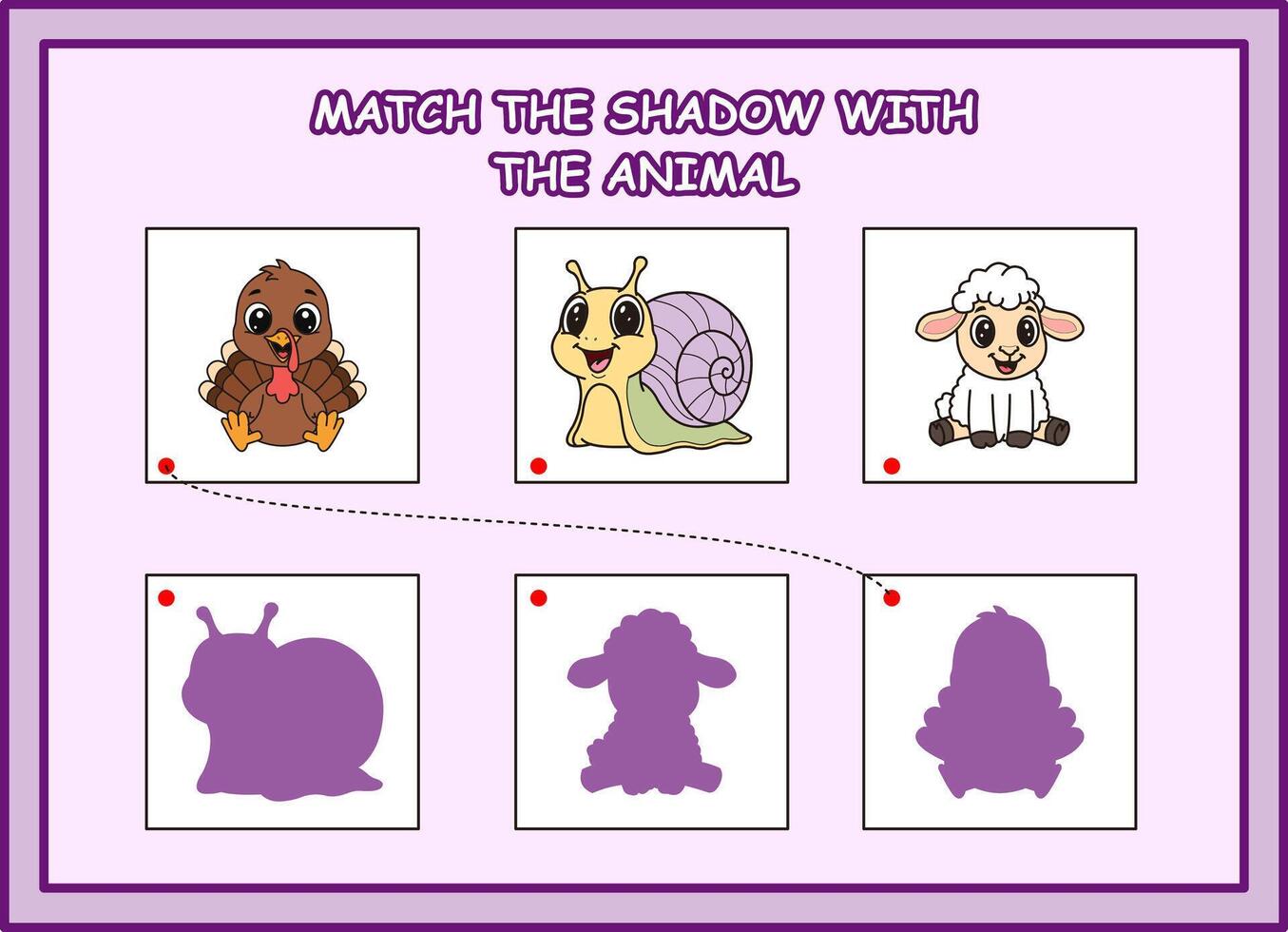 match the shadow with the animal kids worksheet . turkey,snail, sheep vector