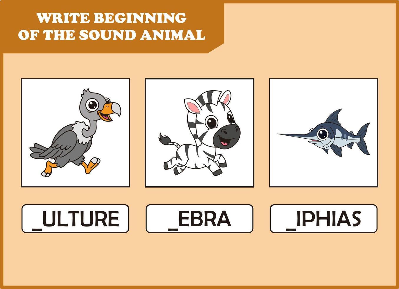 write the beginning of sound animal. vulture, zebra, vector