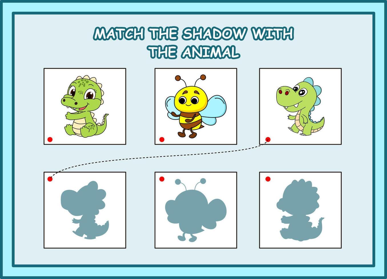 match the shadow with the animal kids worksheet. alligator, bee, dino vector