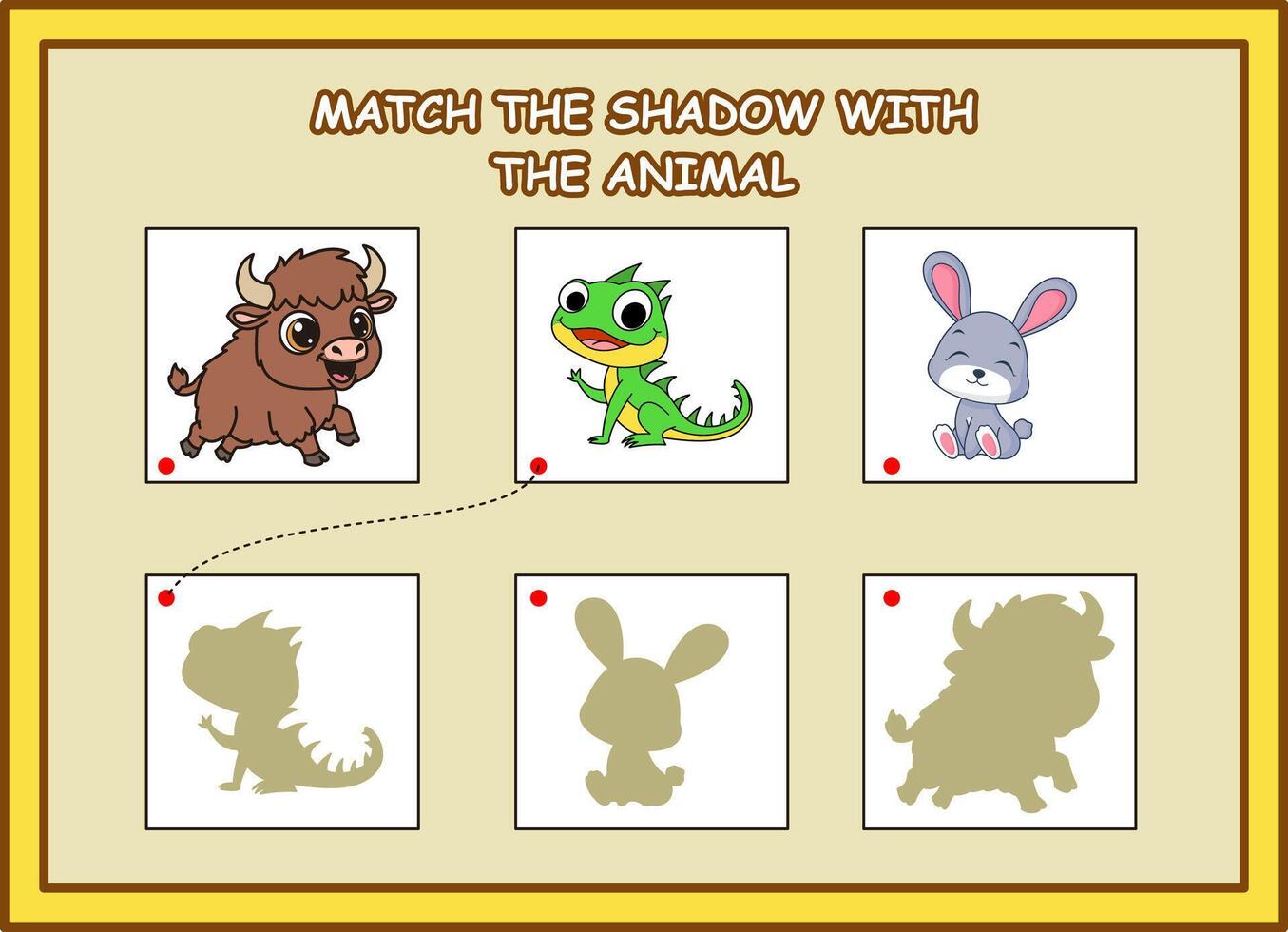 match the shadow with the animal kids worksheet. yak, iguana, rabbit vector