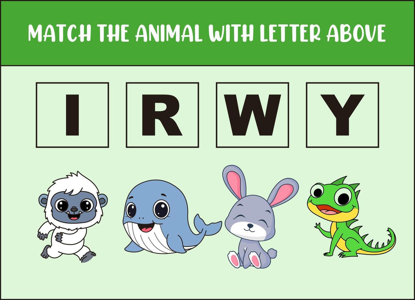match cute yeti, whale, rabbit, iguana with the letter . vector