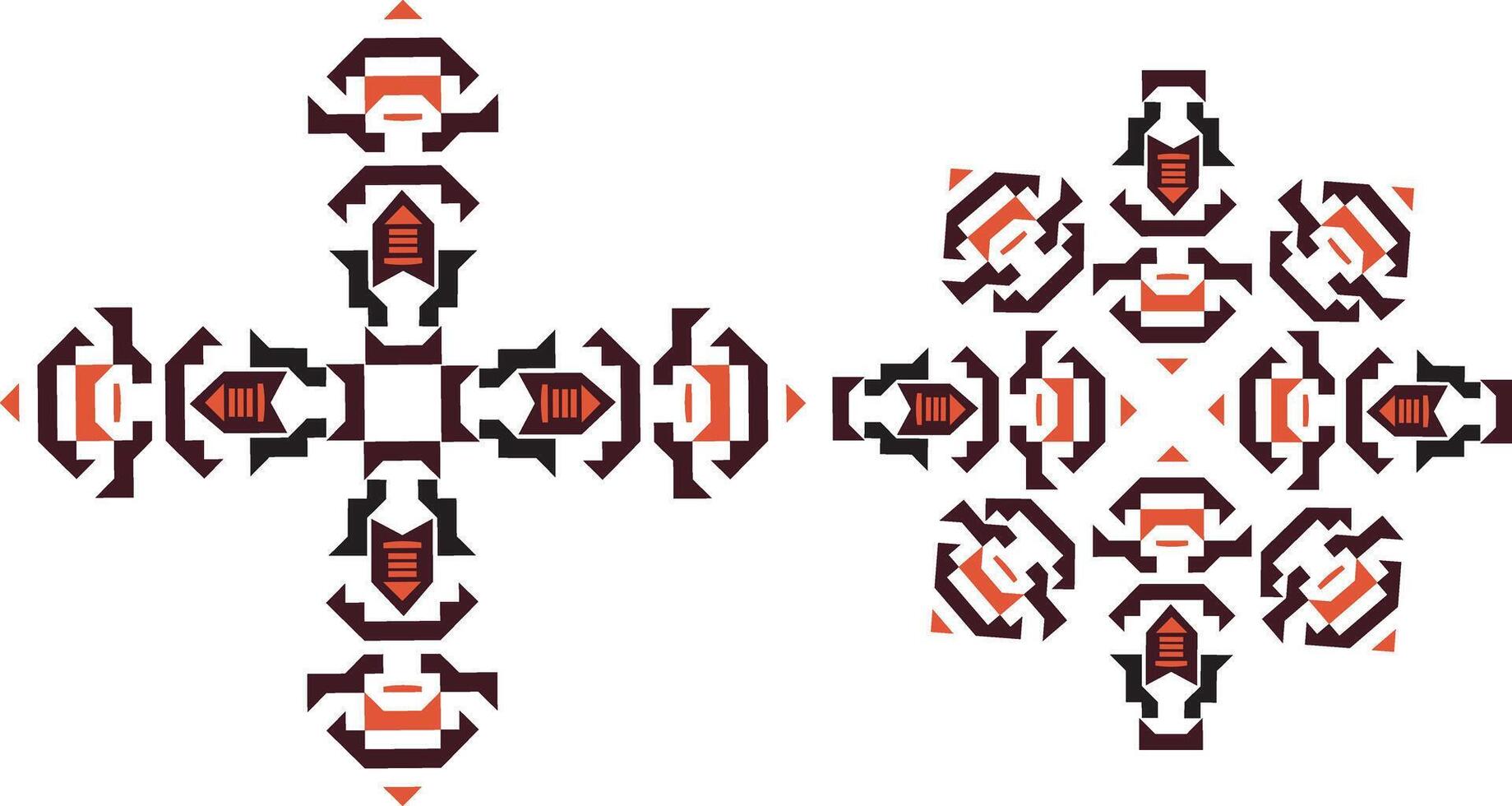 A cross shaped geometric ornament in ethnic style, rendered in symmetrical red and black shapes. vector