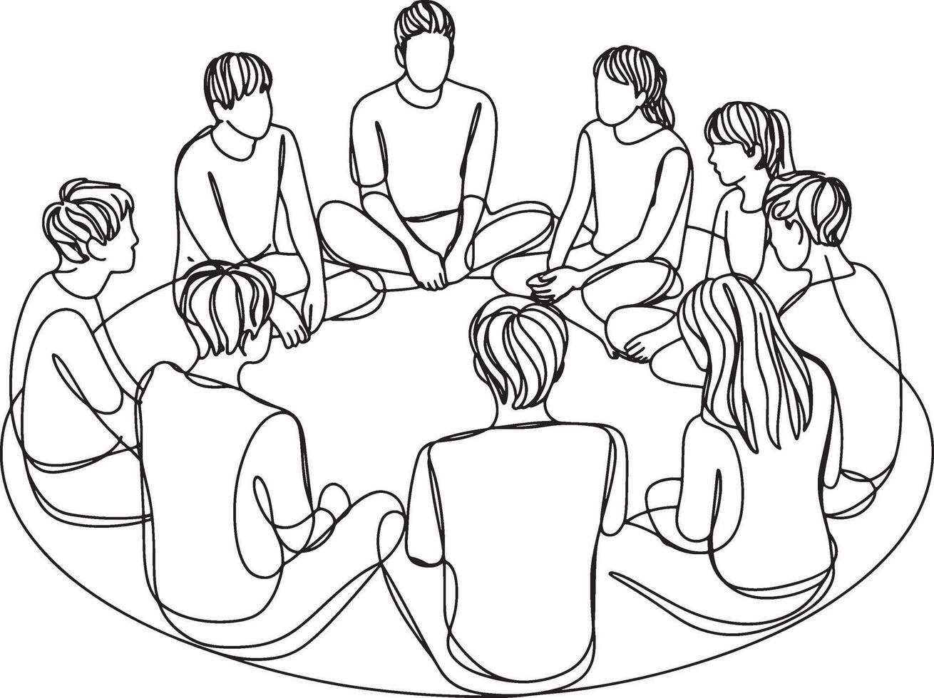 Line Art Circle of People Sitting Together a Minimalist Illustration of Unity Connection and Community Depicting Teamwork and Togetherness vector
