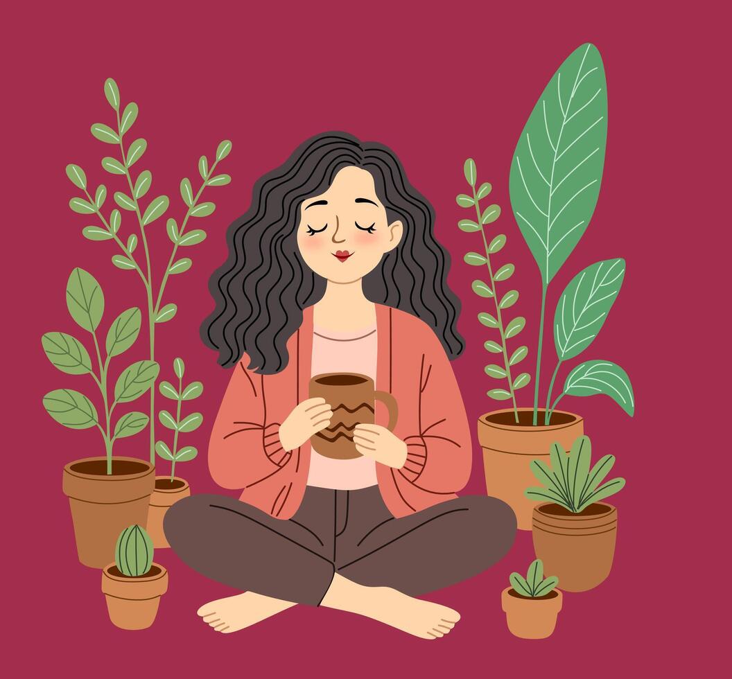 Woman with coffee among indoor plants vector