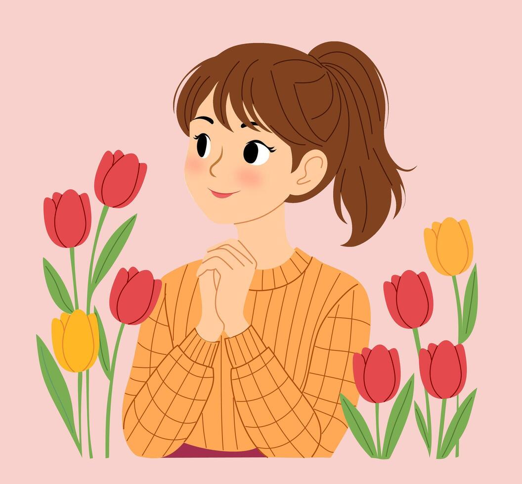 Illustration of a woman with tulips vector
