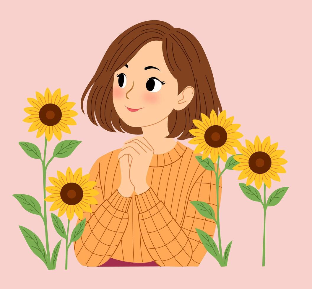 Girl surrounded by sunflowers vector