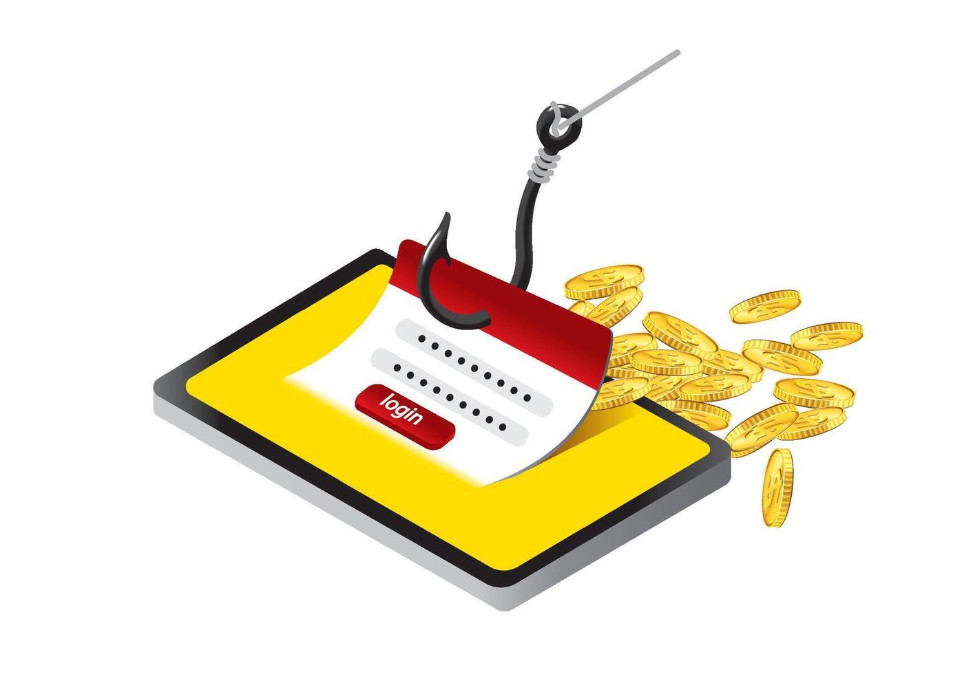 Illustration of a phishing scam on a tablet showing login form and falling coins, symbolizing online security threats and financial risks. Cybersecurity concept vector