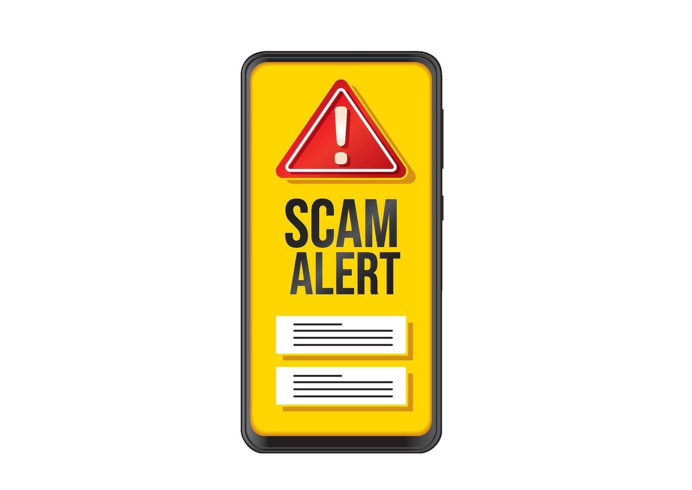 Smartphone displaying a bright yellow Scam Alert notification with warning symbol intended for digital safety awareness vector
