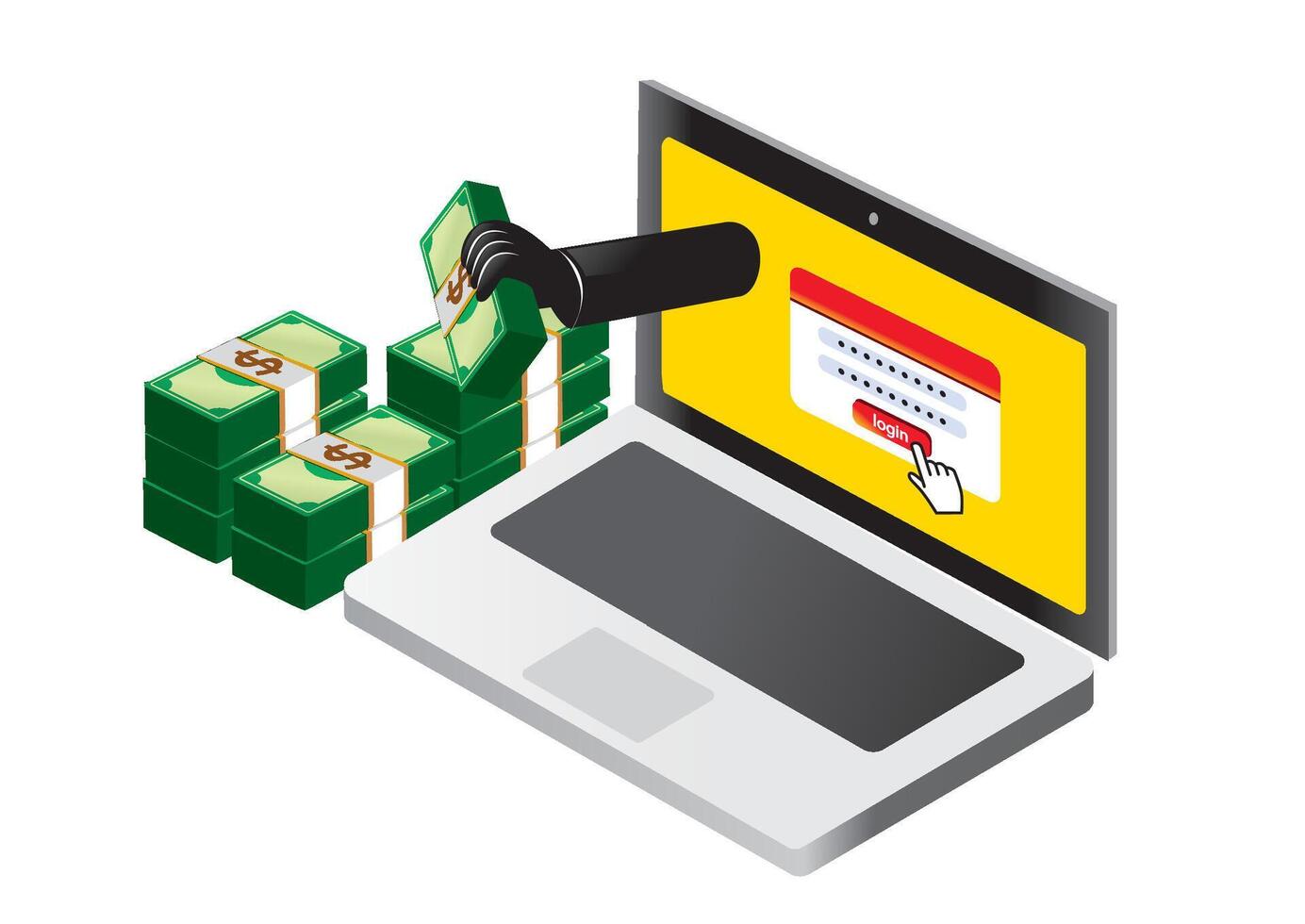 Illustration of a hacker retrieving cash from a computer screen while entering a login in a cyber theft scenario vector