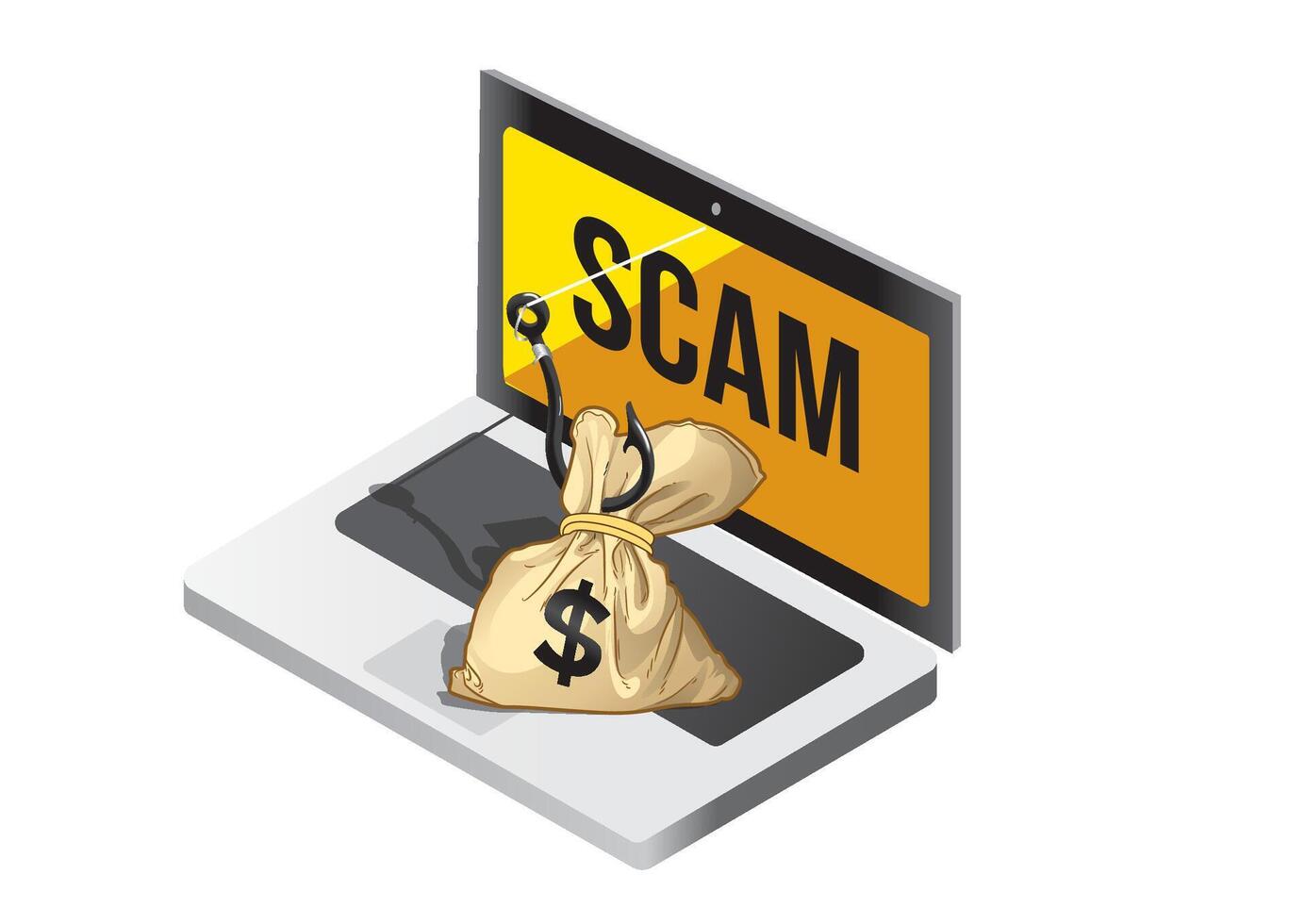 Illustration of a phishing scam with a money bag being pulled from a computer screen marked with a scam warning vector