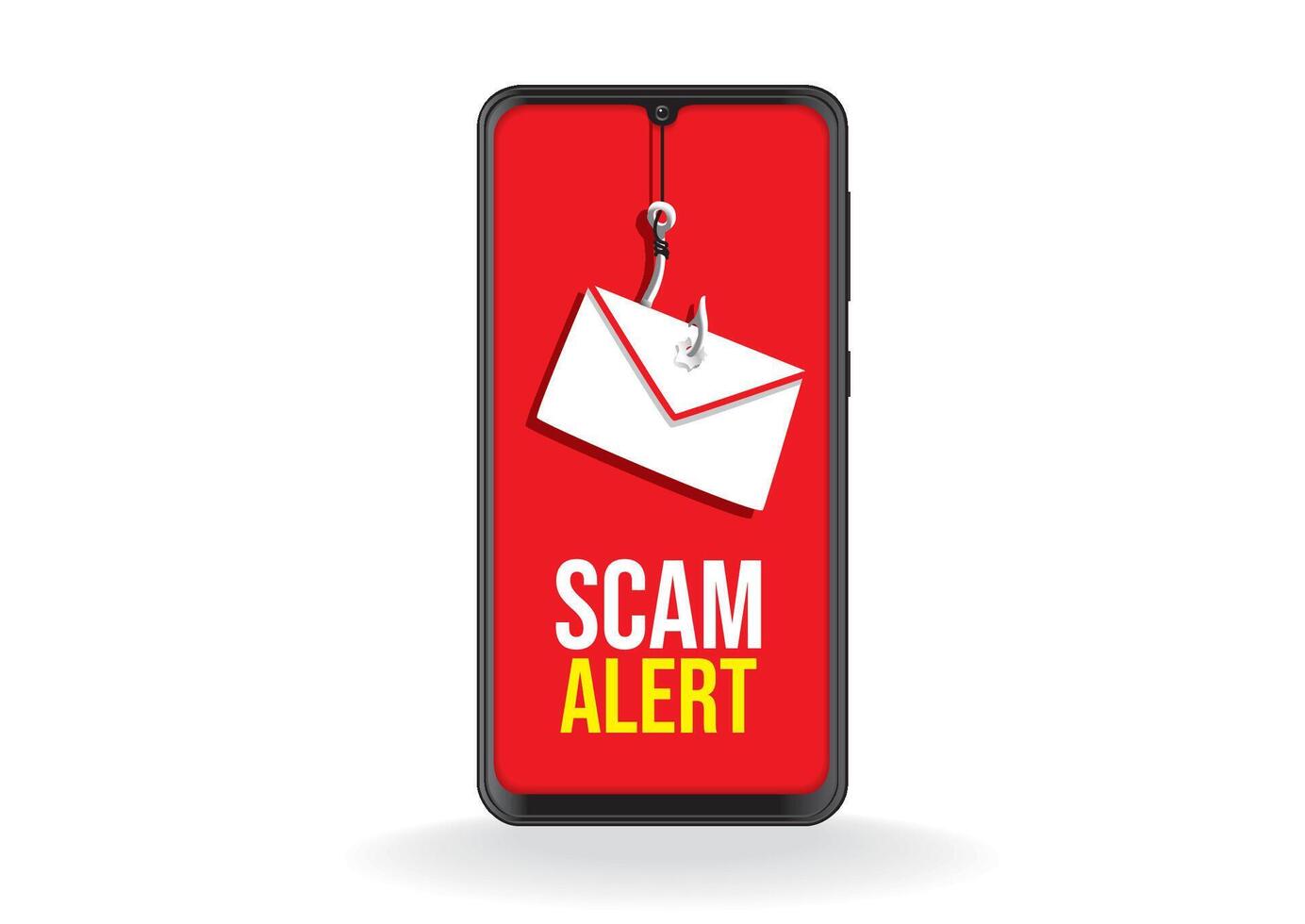 Smartphone screen showcasing a Scam Alert message with a fishing hook and envelope symbolizing phishing attempts in online security vector