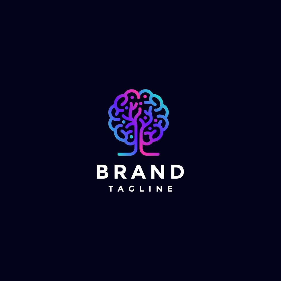Lively Exciting Colorful Brain Tree Logo Design. Icon People Tree And Brain In One Symbol Logo Design. vector