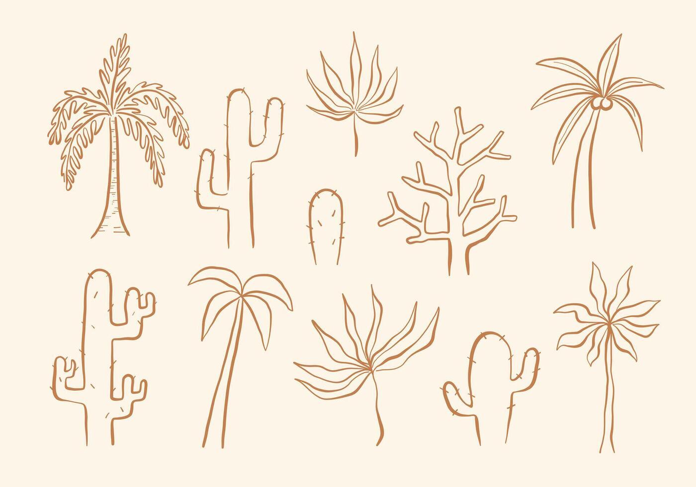 Line Art Botanical Tree And Cactus. A collection of 11 line art elements including palm trees cacti and abstract botanical shapes in warm minimal style ideal for summer visuals tropical themes vector