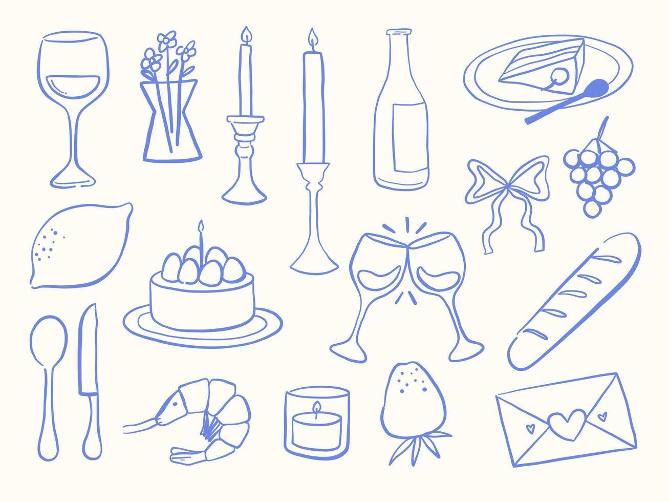 Line Art Romantic Dining And Celebration. A collection of 17 line art elements including wine glasses desserts candles fruits utensils and love notes designed for dining celebration and romantic vector