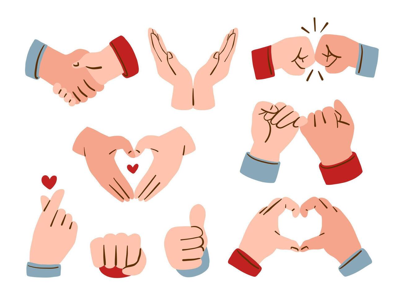 Hand Drawn Love Friendship Gesture Icon. A collection of 9 hand drawn gesture icons featuring handshakes hearts pinky promises finger hearts. Perfect for communication and emotional designs vector