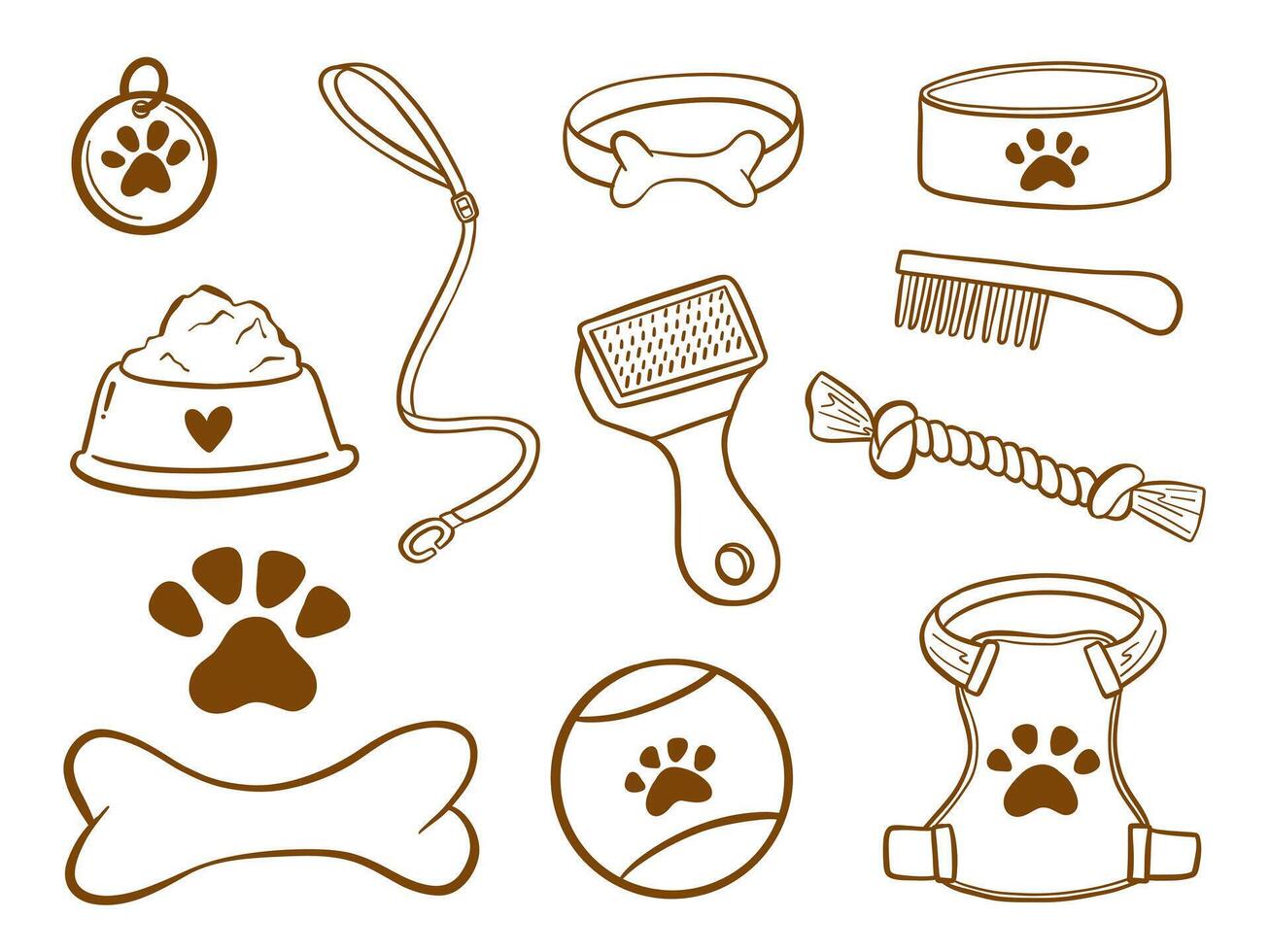 Pet Outline Food Toys And Accessories. A playful set of 12 pet outline icons including collars bowls paw prints leashes toys grooming tools and more in clean brown style. Perfect for pet themed design vector