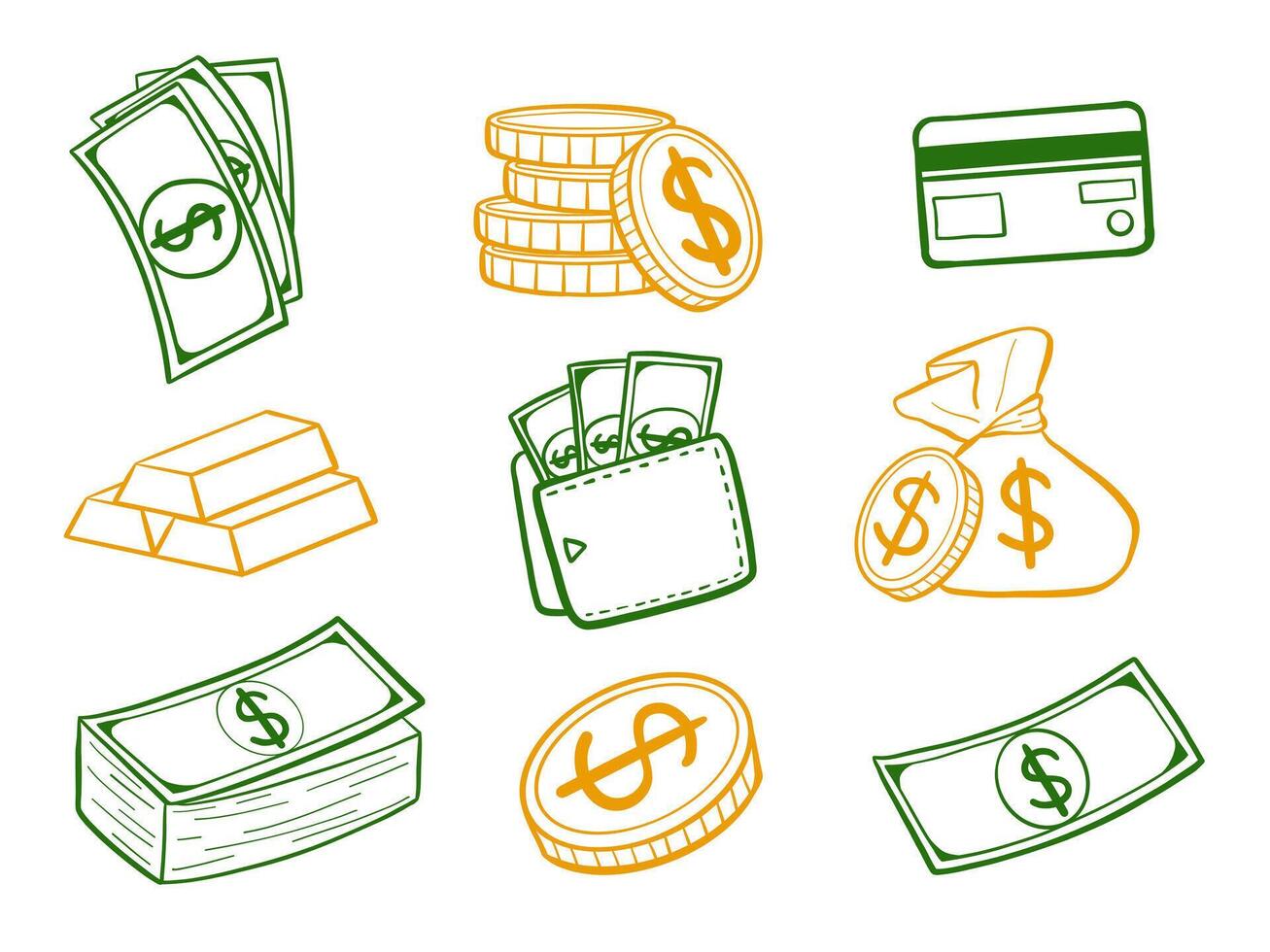 Doodle Style Financial Icon Collection. A playful set of finance themed doodle elements including money stacks, coins, credit card, wallet, gold bars, and more. Perfect for budgeting apps vector