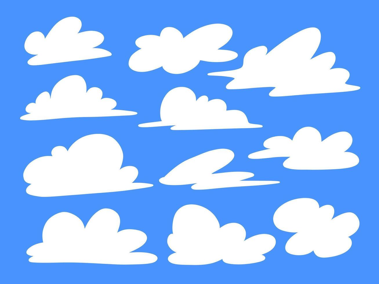 Cartoon Style Hand Drawn Cloud. A playful collection of 11 white cloud illustrations in soft cartoon style including various rounded and irregular puffy shapes for weather themed designs and sky scene vector
