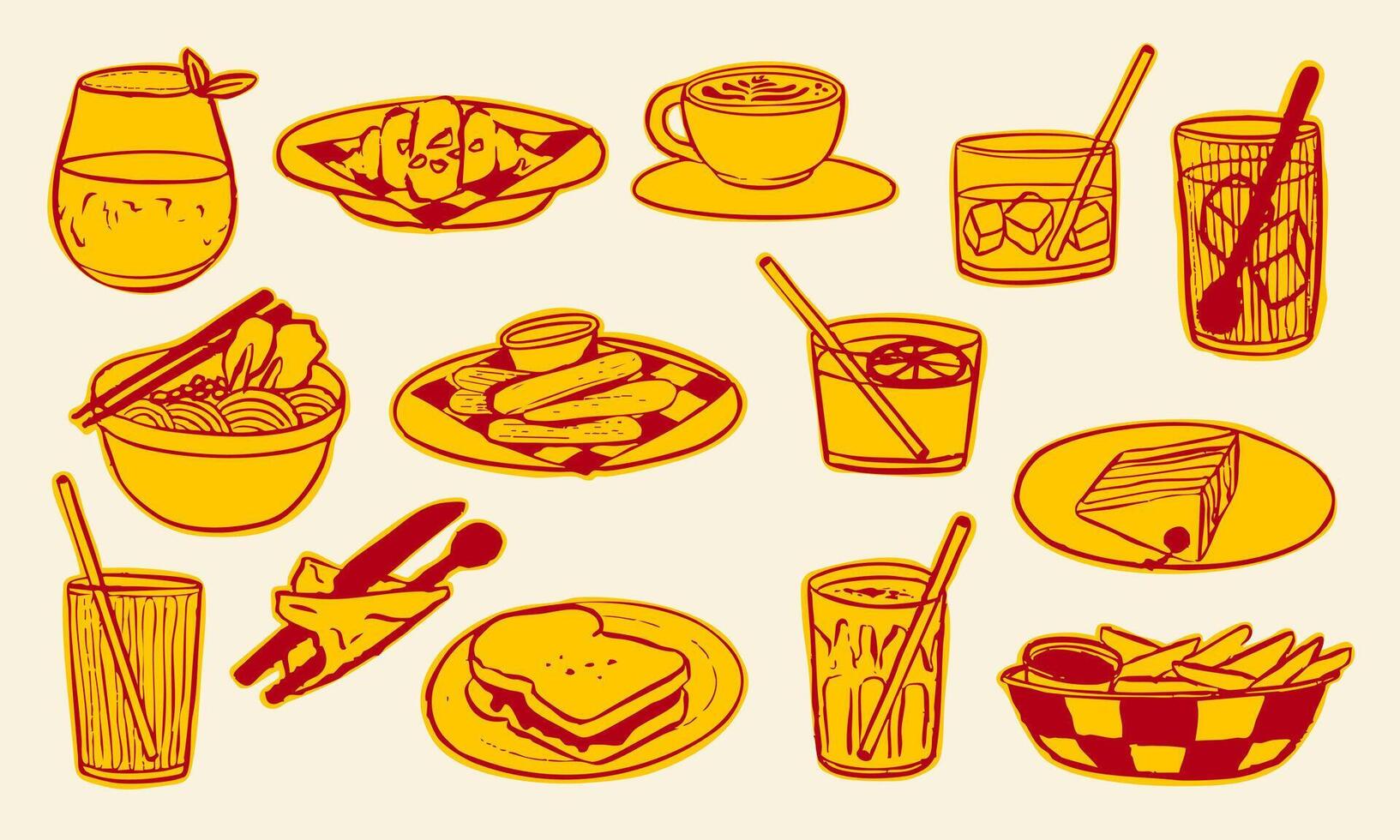 Retro Line Art Food And Drink Cafe Pack. A bold collection of retro line art food and drink illustrations including coffee ramen cake fries cocktails. Perfect for cafe menus branding snack visual vector