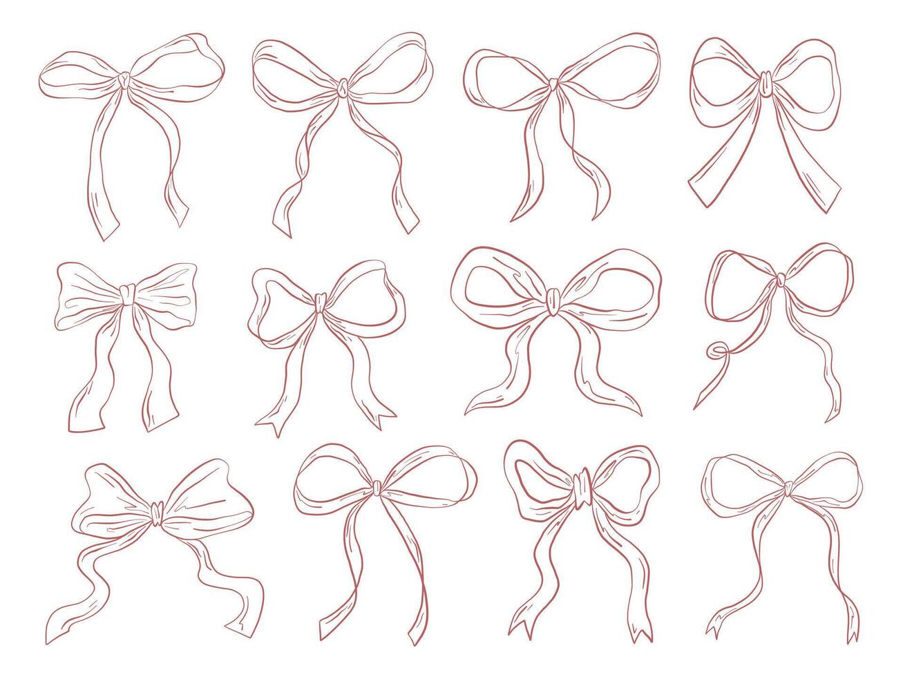 Hand Drawn Ribbon Bow Outline Collection. A charming collection of 12 hand drawn ribbon bow illustrations featuring loop and vintage contours. Perfect for festive crafts packaging and sticker design vector