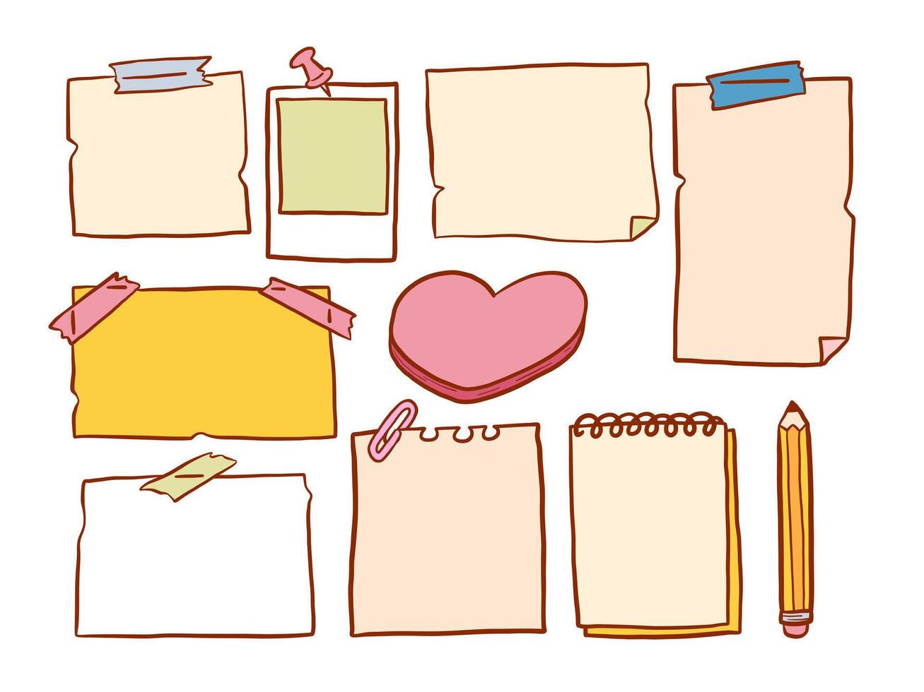 Hand Drawn Paper Note And Stationery. A fun set of note papers, taped sheets, polaroid frame, heart pad, spiral notebook and pencil in hand drawn style for creative layouts, journaling, and decoration vector
