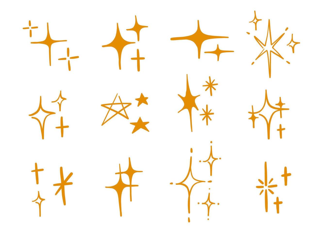Hand Drawn Sparkle Icon Collection. A creative collection of 12 hand drawn orange sparkle icons in various starburst and twinkle styles featuring outlines and radiant shapes for dynamic decorative vector