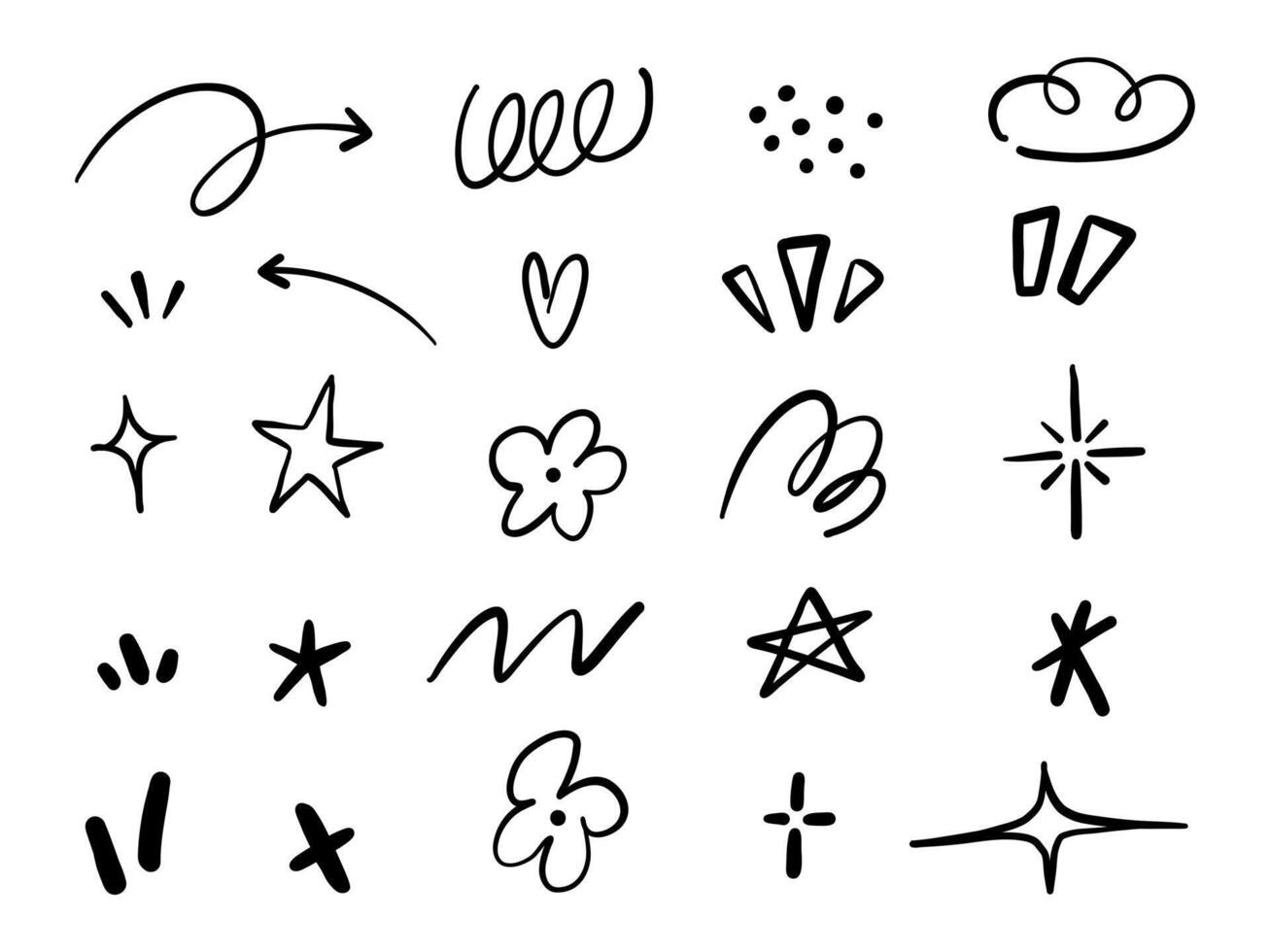 Doodle Style Abstract Accent Collection. A collection of 24 hand drawn doodle style accent marks including arrows stars sparkles and more. Perfect for comic elements and expressive decorations vector
