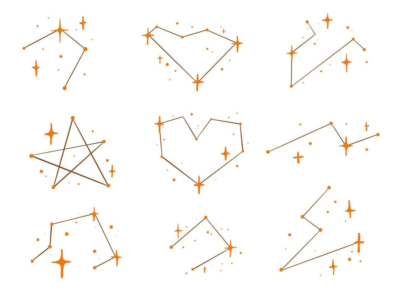 Hand Drawn Star Constellation Symbol. A collection of 9 hand drawn constellation icons featuring stars hearts lines and geometric patterns. Perfect for celestial maps and cosmic themed designs vector