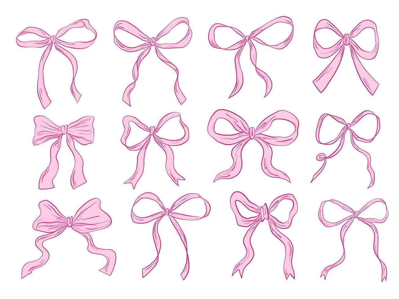 Hand Drawn Pink Ribbon Bow Collection. A charming collection of twelve hand drawn pink ribbon bows in various shapes including loose loops wavy tails folds and minimal silhouettes in sketch style vector
