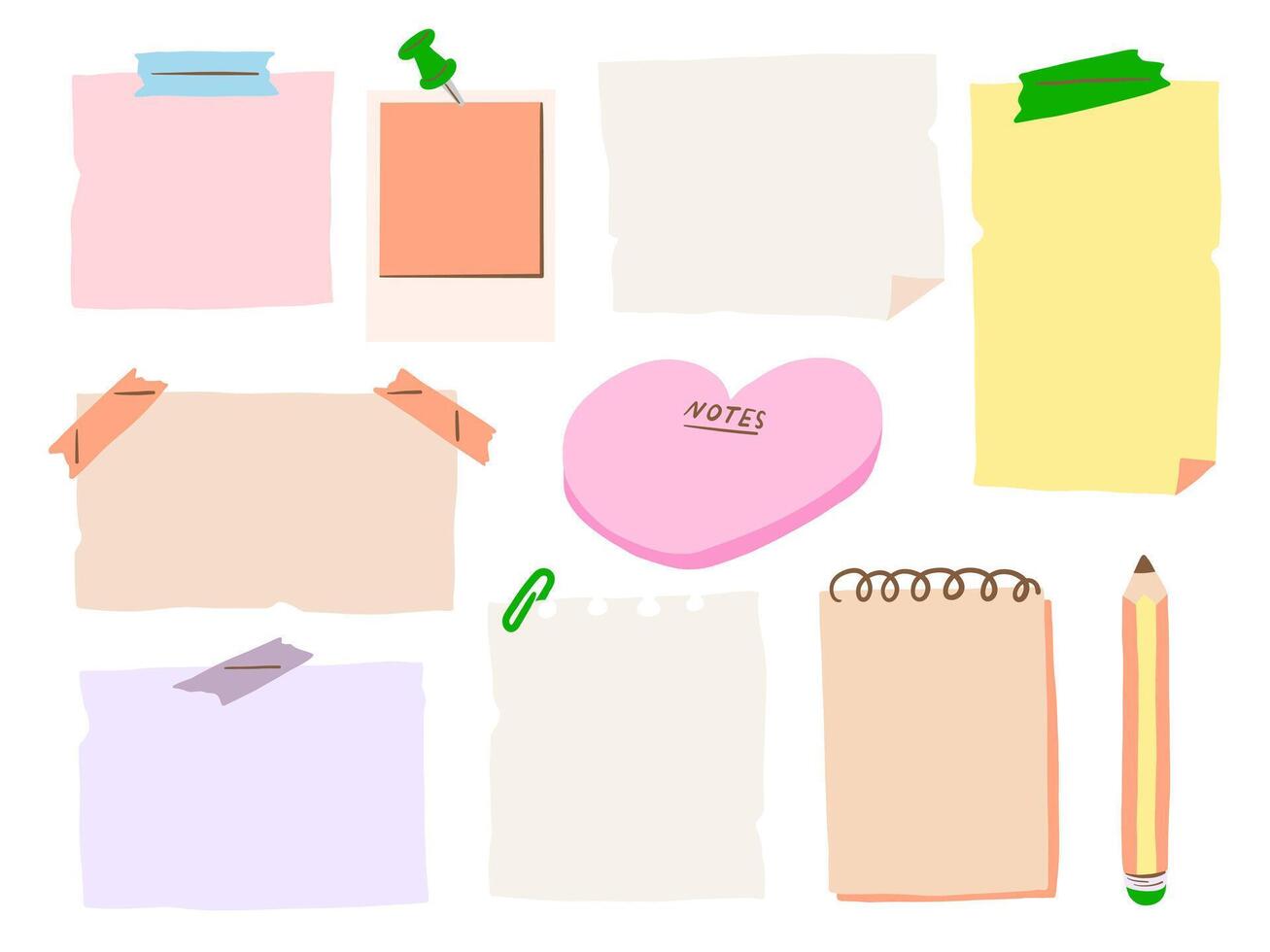 Hand Drawn Sticky Note and Stationery. A playful set of hand drawn memo sheets pins paper scraps notebooks and a pencil in colorful doodle. Perfect for journals planners and digital stationery kits vector